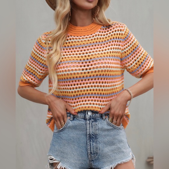 Orange and Pink Stripe Open Weave Short-Sleeve Crew Neck Top - Picture 3 of 5